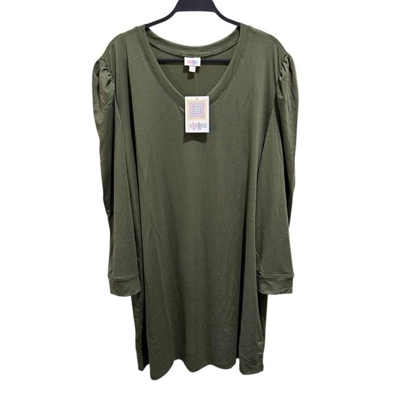Lularoe‎ AVA Women’s Size 3XL Olive Green V-neck Mutton Long Sleeve Dress NWT - Picture 1 of 10